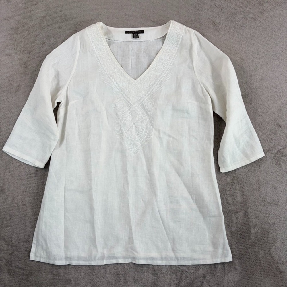 Tommy Bahama 100% Linen Tunic Embroidered Design in White Women Medium Boho